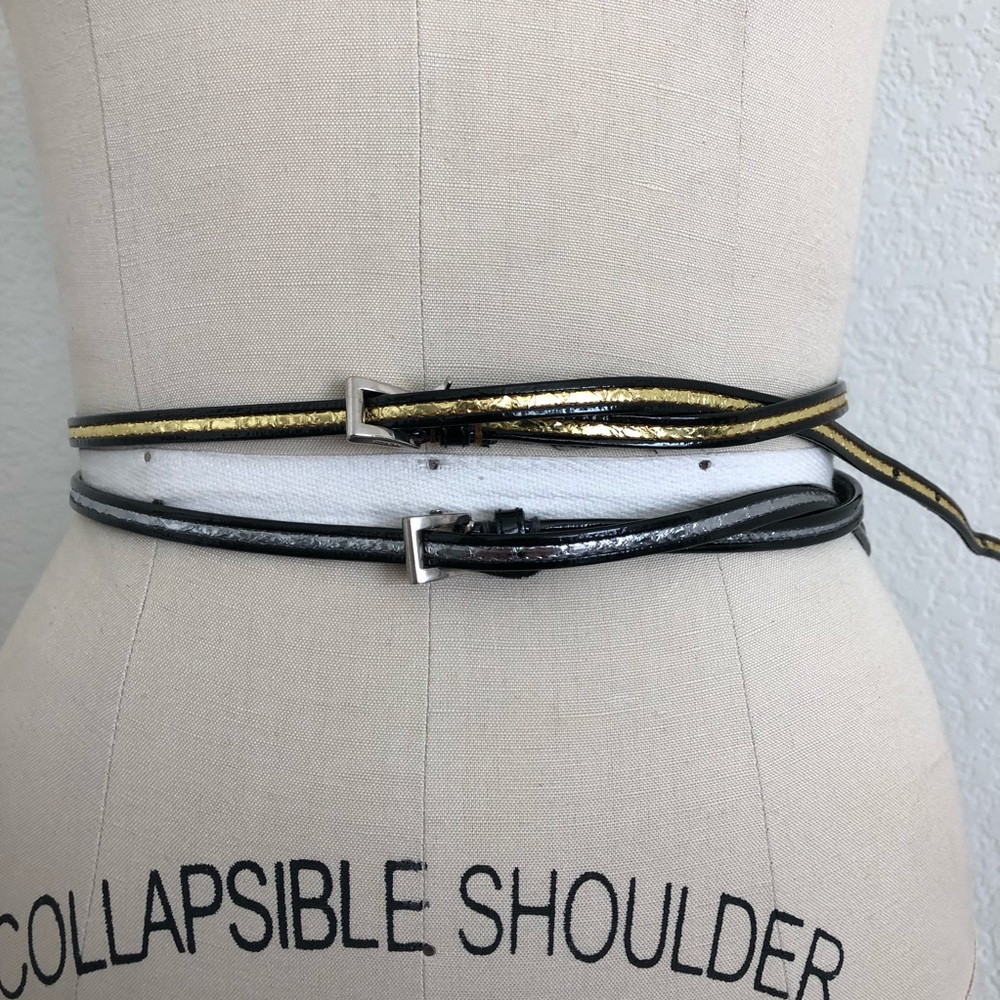 PRADA Silver Patent Leather Button Tab Switch Back Skinny Belt